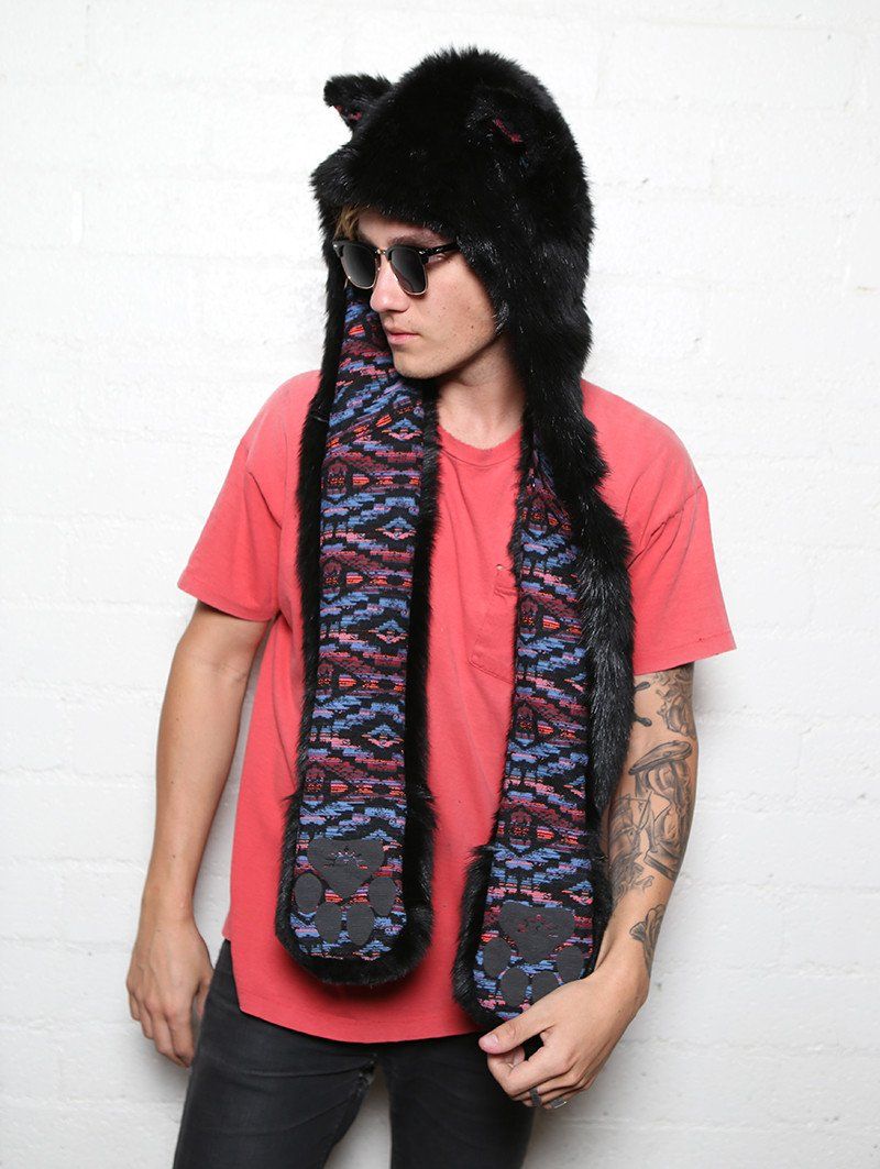 Man wearing faux fur Black Kitty-MeOw! SpiritHood, side view 1