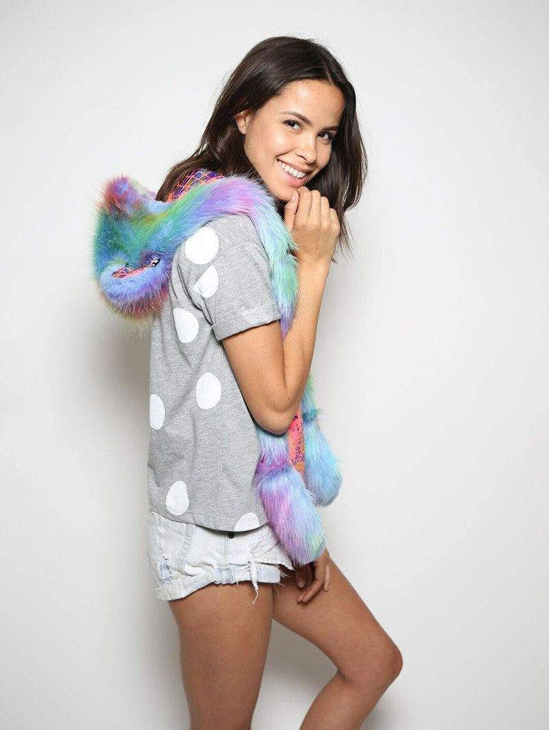 Woman wearing faux fur Fair Bear 2.0 SpiritHood, side view 1