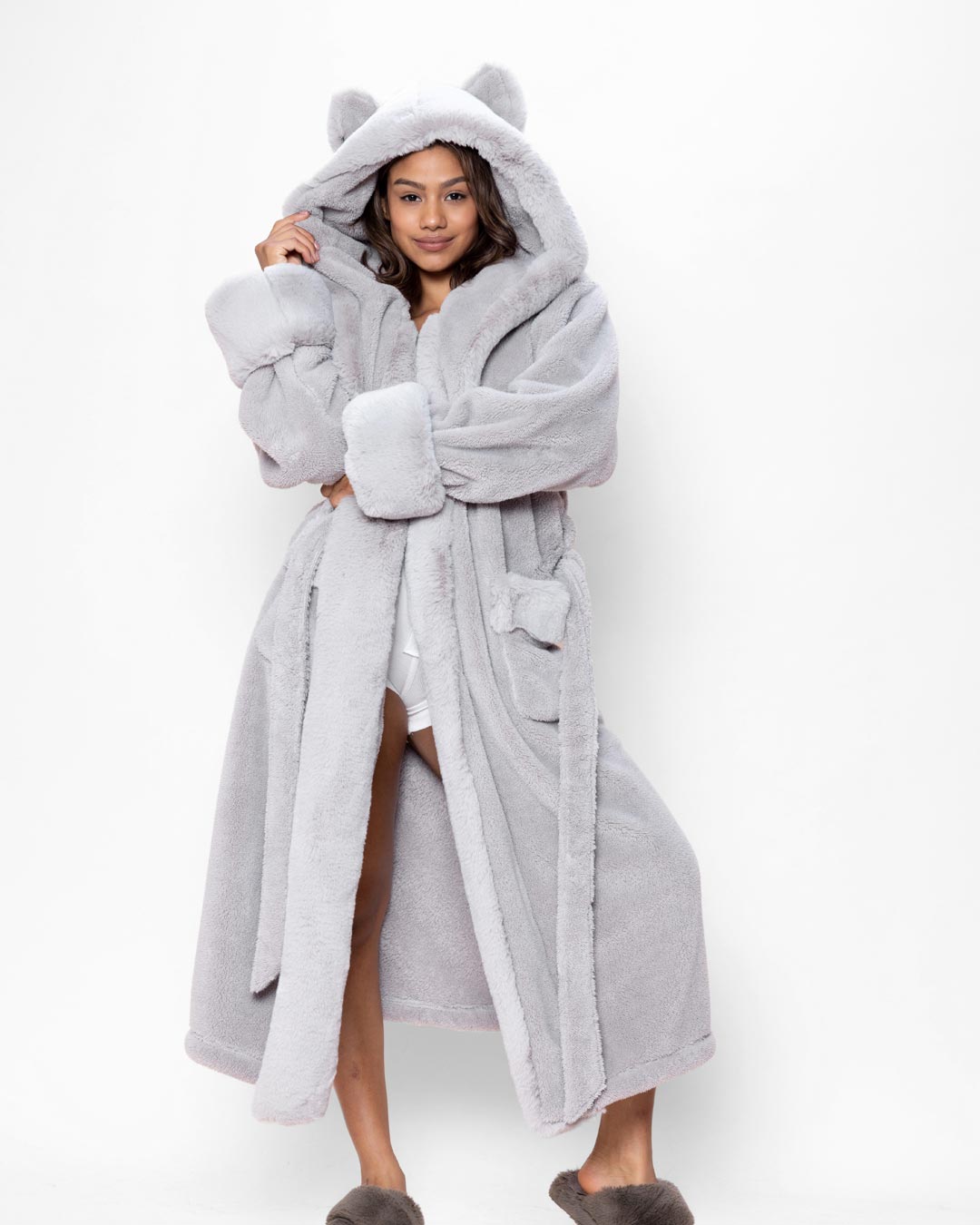 Women's Faux Fur Hooded Robe Dressing Gown, Ladies Super Soft Bath