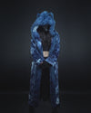 Video of Model Demonstrating Features of Classic Faux Fur Robe in Water Wolf Design