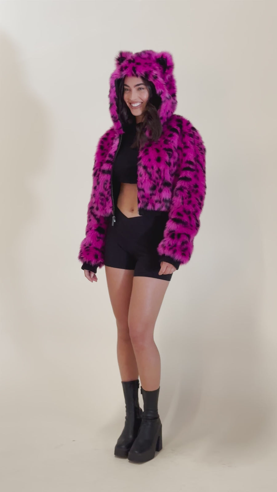 Victoria's Secret PINK Know One Cares Pink Leopard Faux Fur Semi Cropped  Jacket