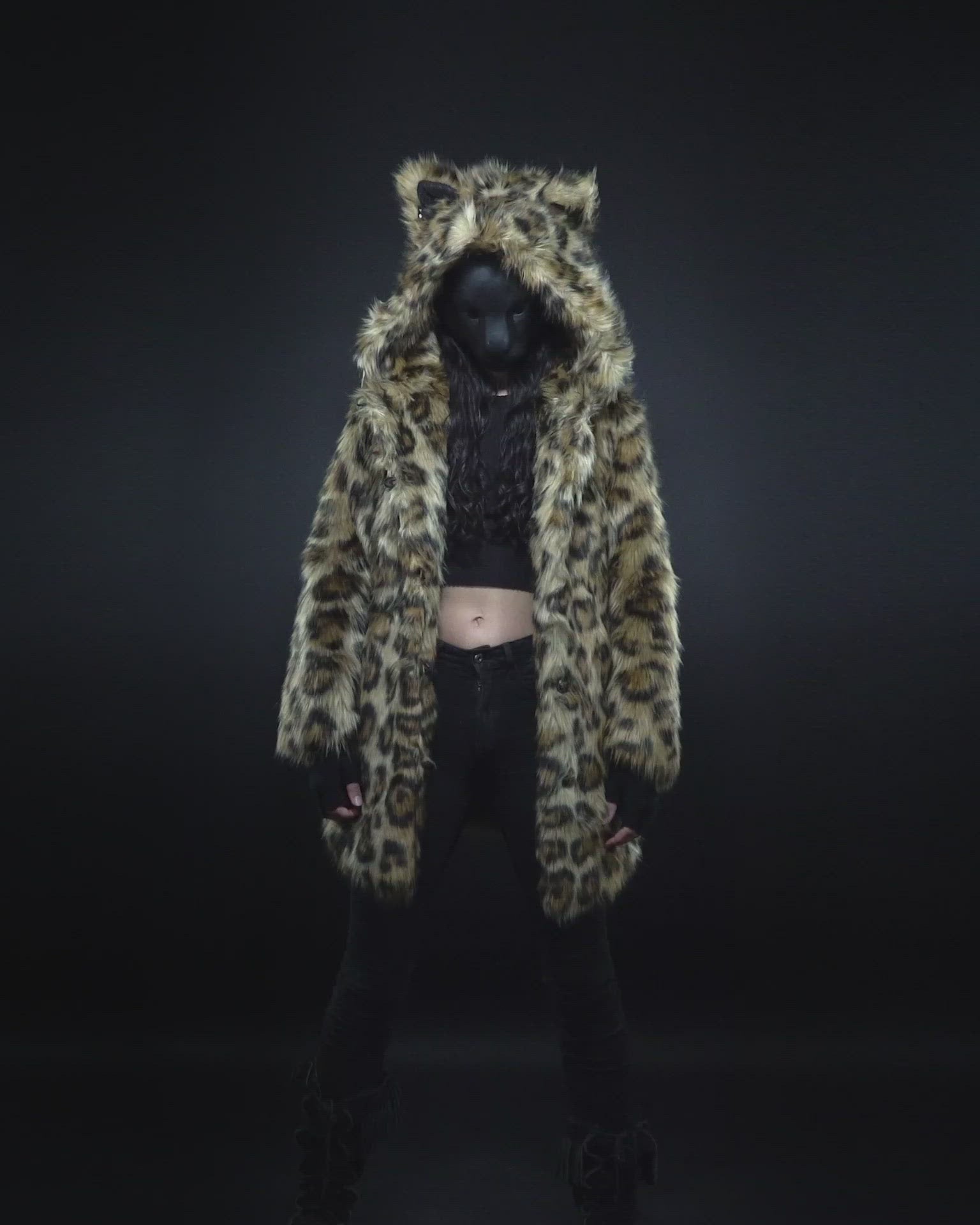 Woman wearing Javan Leopard Classic Faux Fur Coat *Almost Purfect* SpiritHood, full view