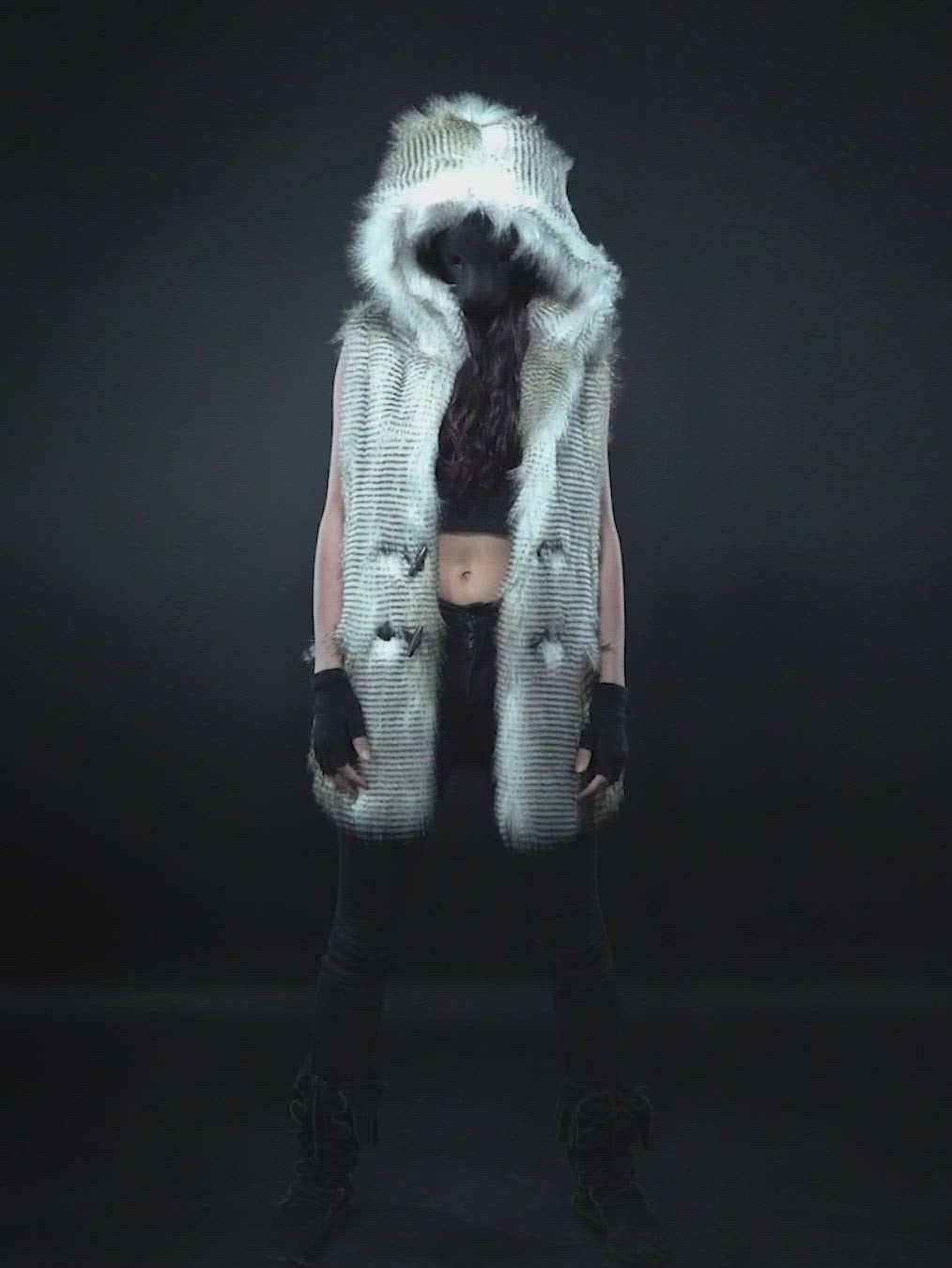 Woman wearing Alaskan Hawk Hooded Faux Fur Vest, full view