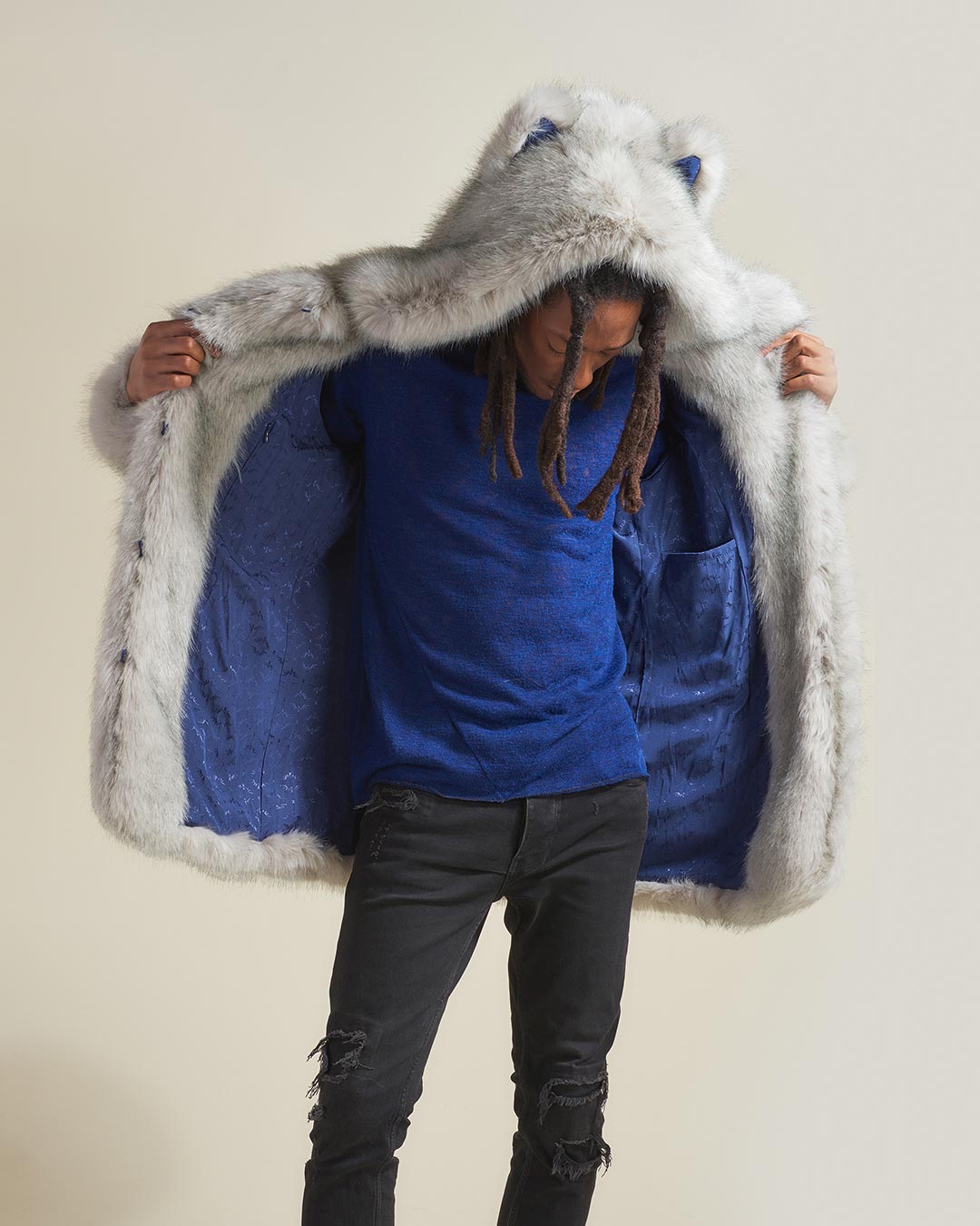 Faux Fur Grey Arctic Wolf Men s Coat with Hood SpiritHoods