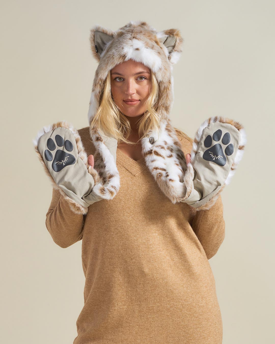 Snow Leopard Tan Faux Fur Women's Hood with Ears | SpiritHoods