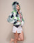 Green, Black, and White Emerald Hummingbird Hooded Faux Fur Bomber Jacket on Female