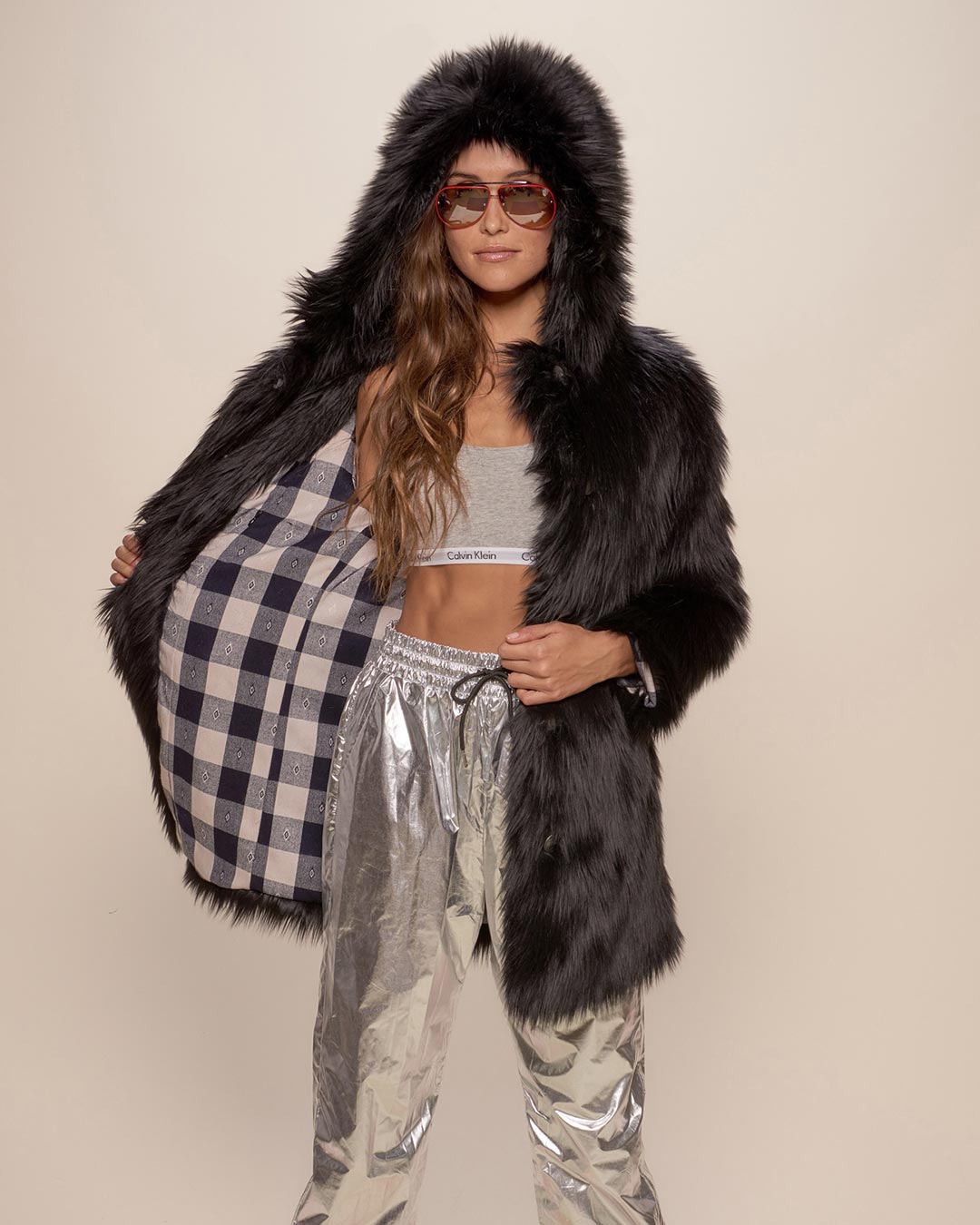 Black Wolf Plaid Hooded Faux Fur Coat on Female