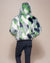 Man wearing Emerald Hummingbird Hooded Faux Fur Bomber Jacket, back view