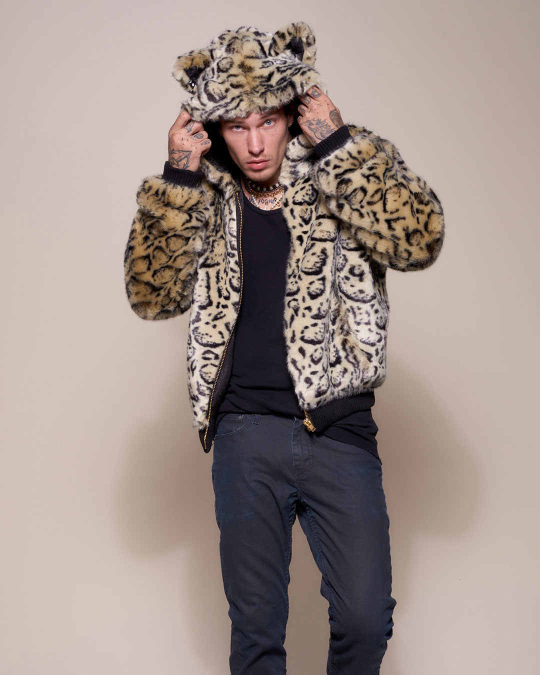 Cheetah Faux Fur Men's Bomber Jacket | Men's S / Tan/Black