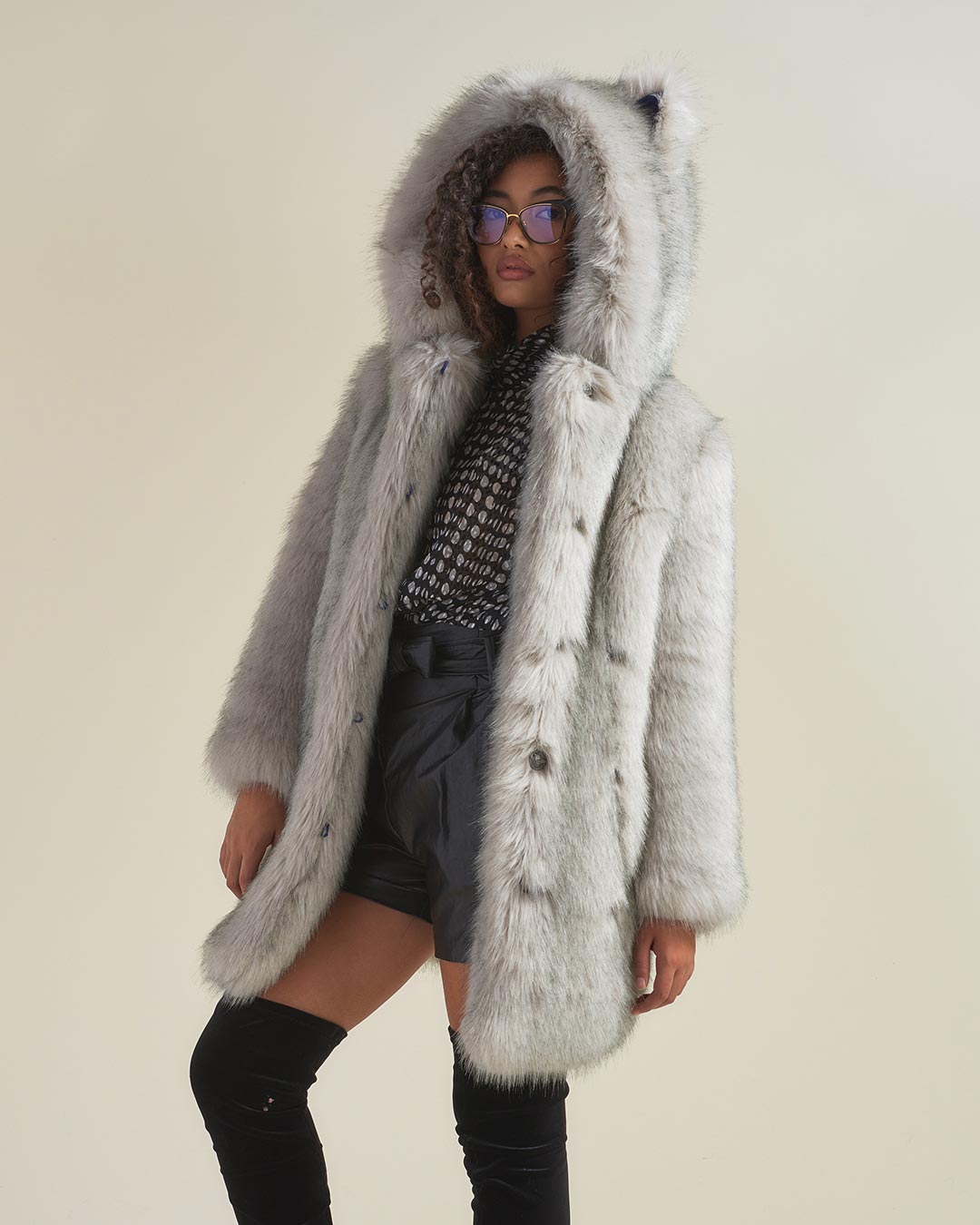 Grey Wolf Faux Fur Women's Coat with Hood
