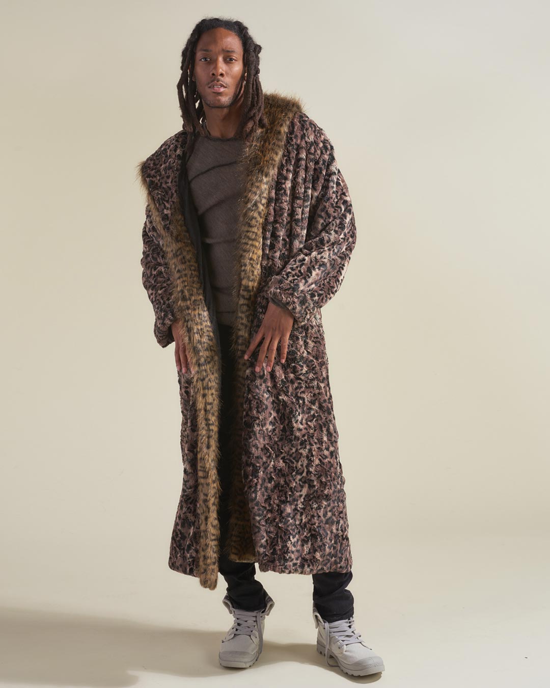 Men Faux Fur Robe With Hood & Ears Luxury Savannah Cat Coat - SpiritHoods