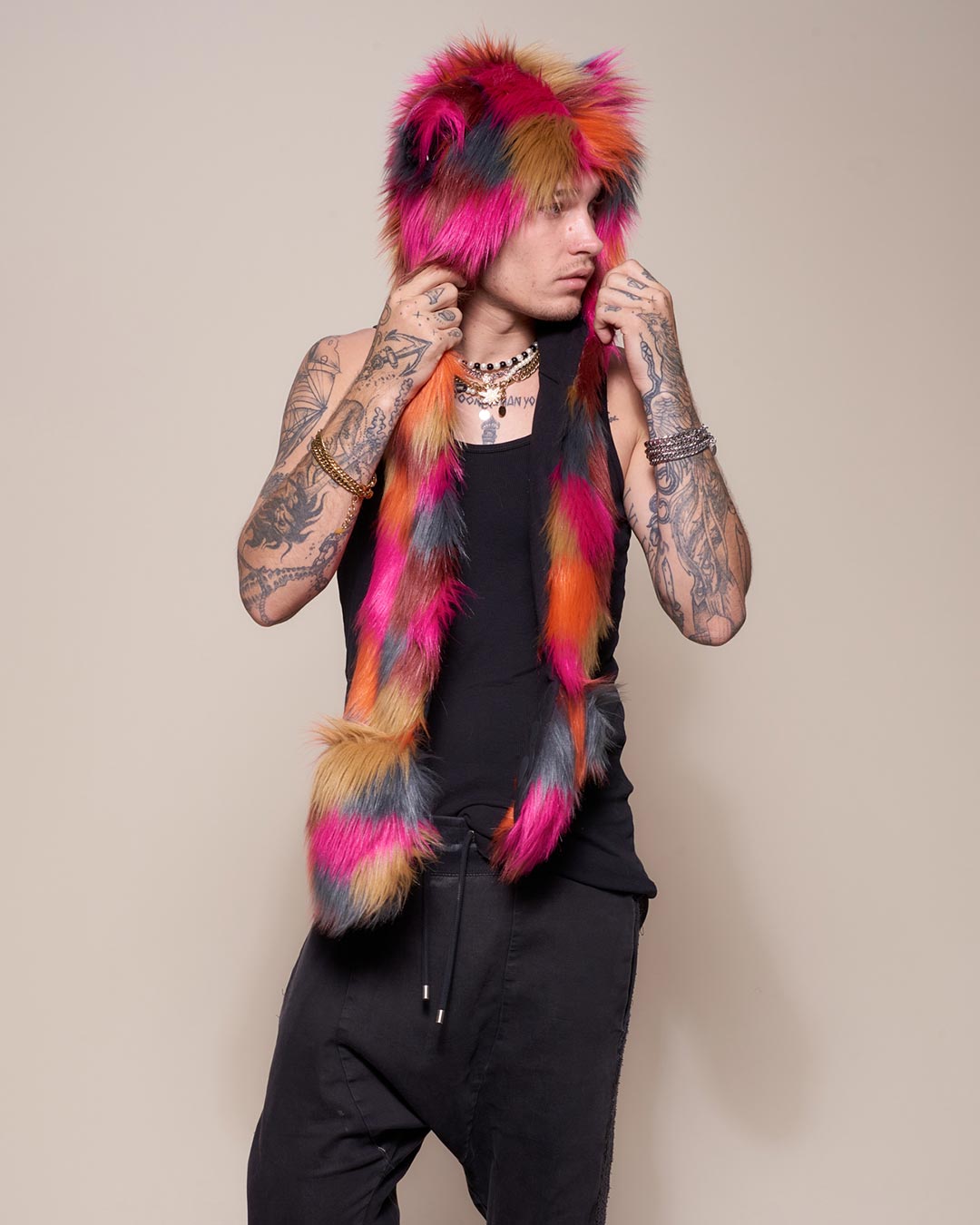 Man wearing faux fur Calico Leopard Collector Edition SpiritHood, side view 3