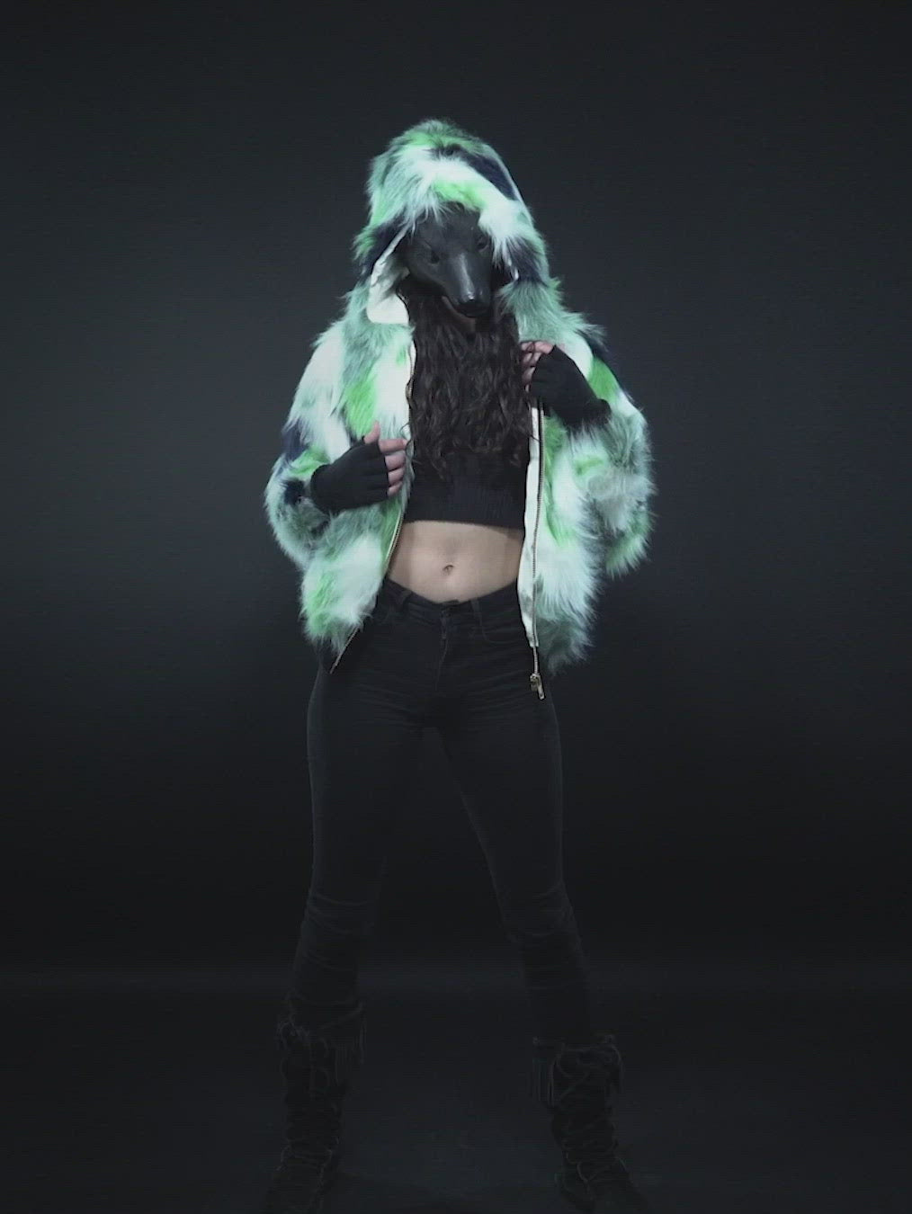 Woman wearing Emerald Hummingbird Hooded Faux Fur Bomber Jacket