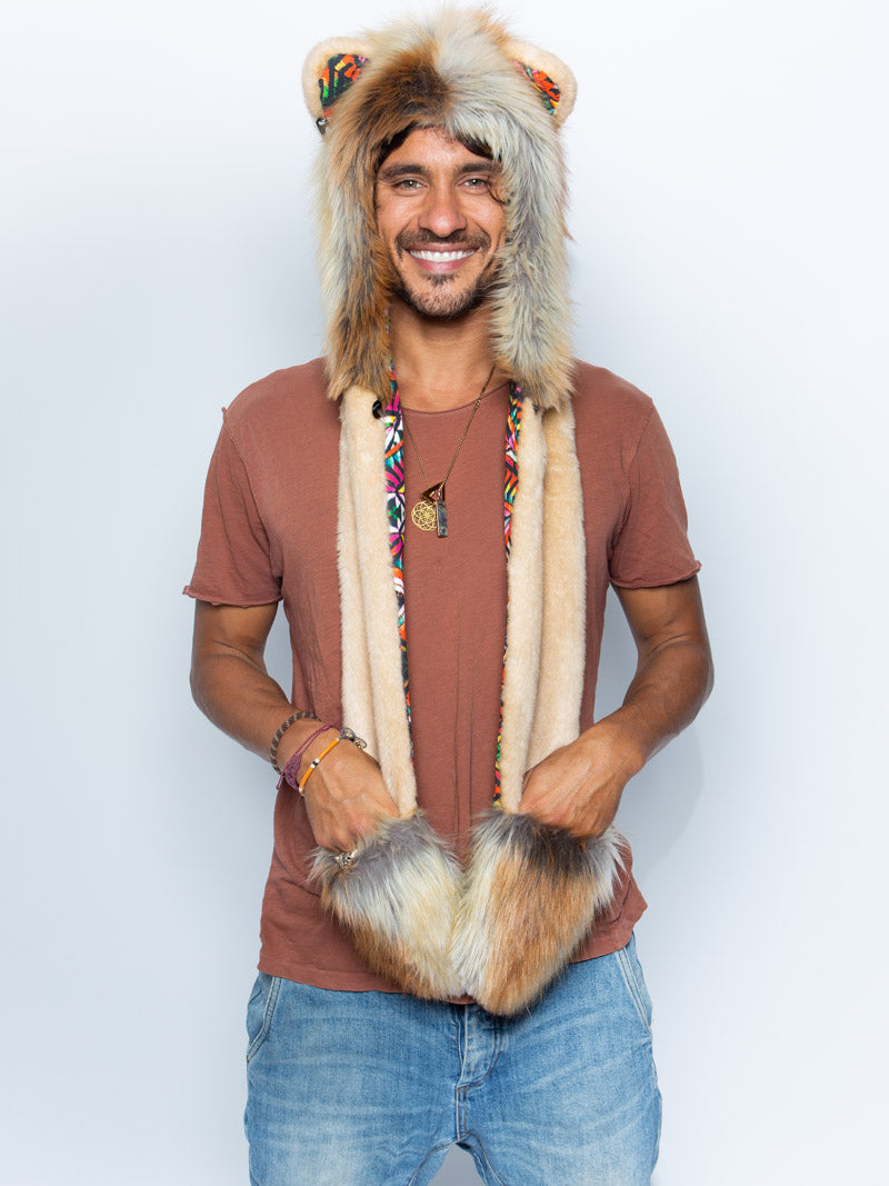 Man wearing faux fur Collector Edition Rangoli Lion SpiritHood, front view 