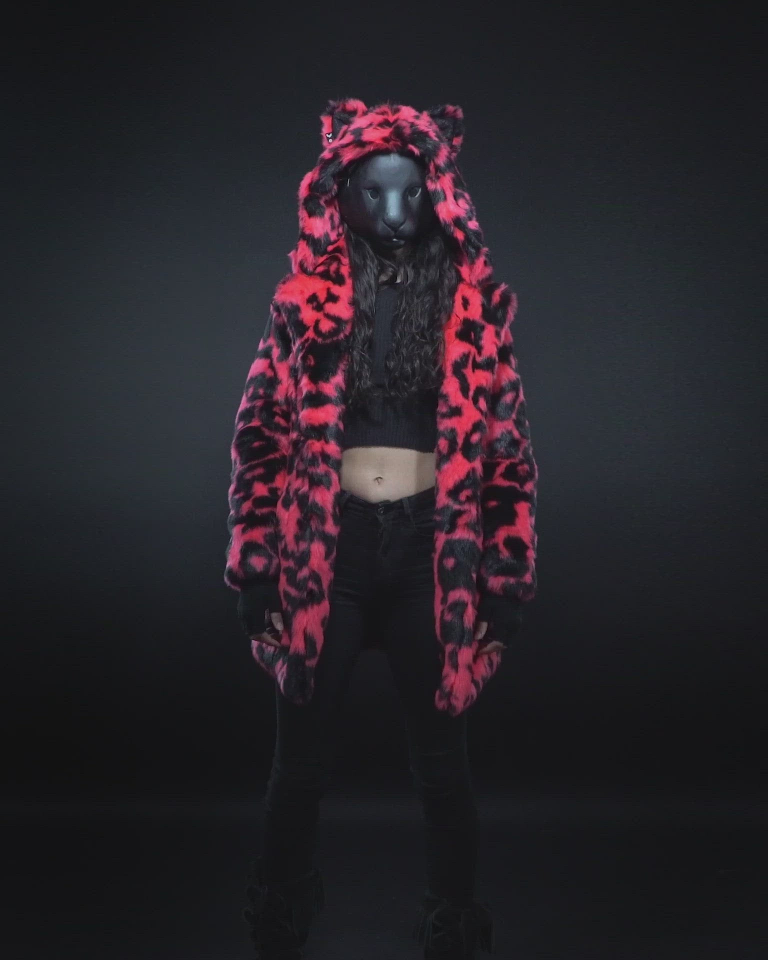 Man wearing Neon Pink Leopard Classic Faux Fur Coat, full view