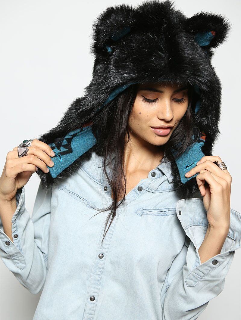 Woman wearing Black Wolf Faux Fur Half Hood, front view 3