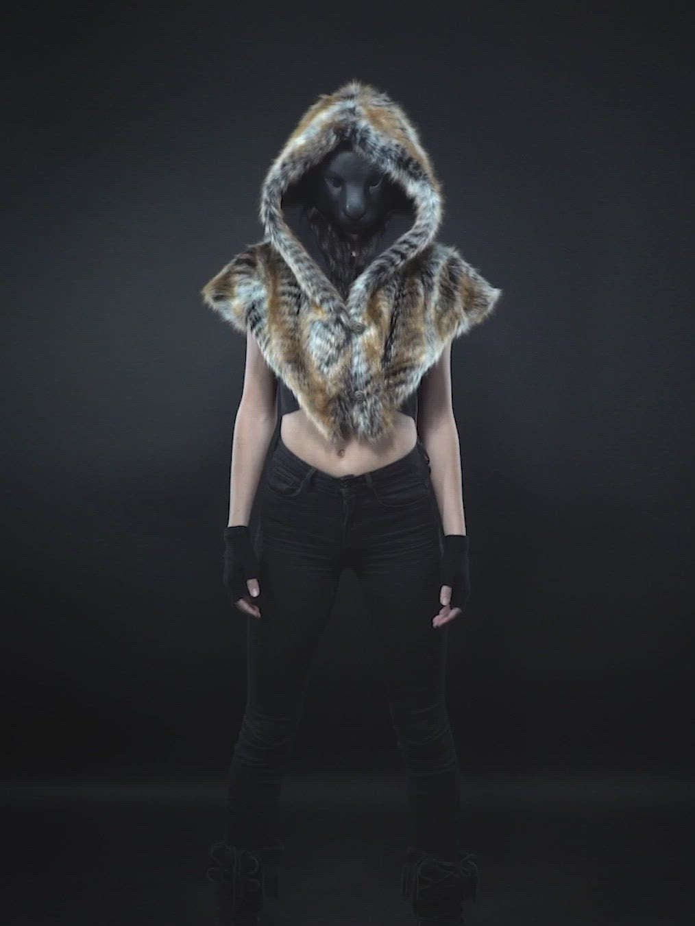 Video of Model in Mask Demonstrating Features of Red Tail Hawk Faux Fur Shawl