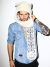 Man wearing faux fur Arctic Wolf SpiritHood, front view 1