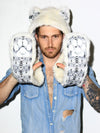 Man wearing faux fur Arctic Wolf SpiritHood, front view 2