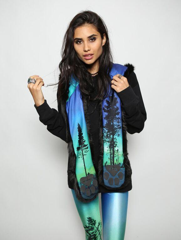 Woman wearing The BlackMilk Aurora Kitty Faux Fur SpiritHood, front view