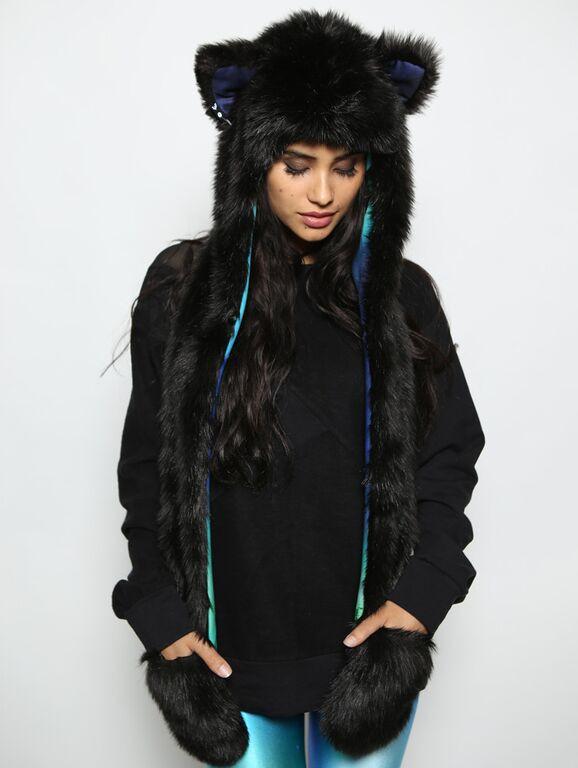 Woman wearing The BlackMilk Aurora Kitty Faux Fur SpiritHood, front view 2