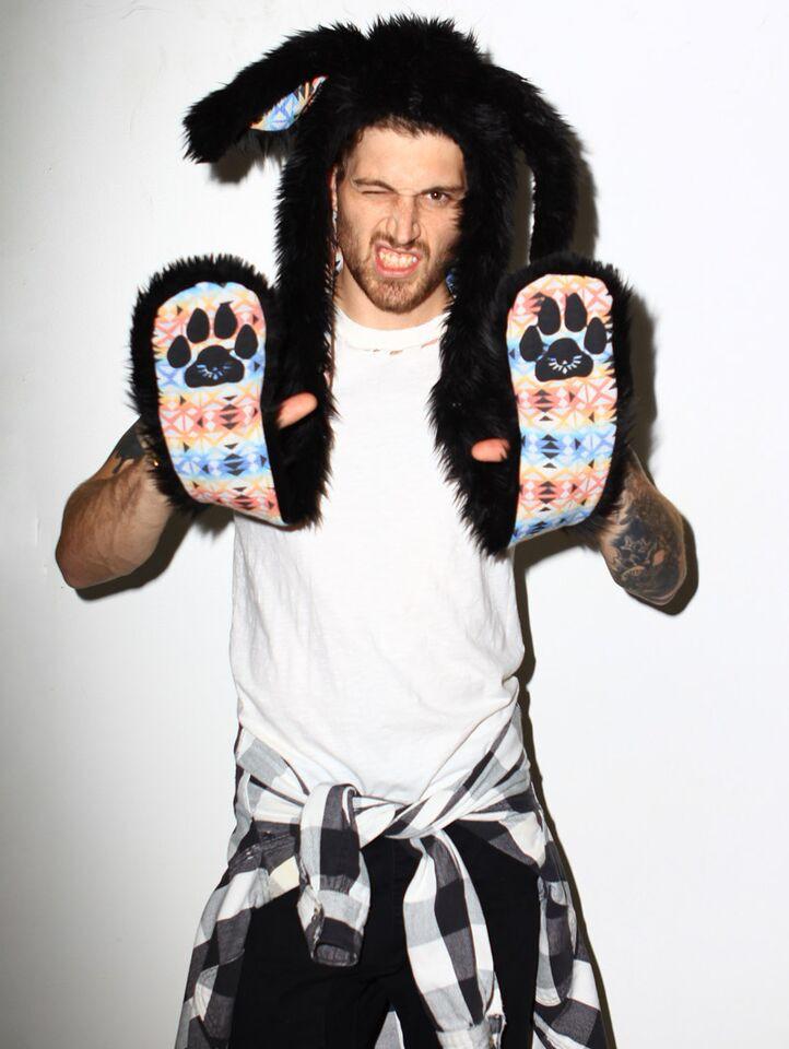 Man wearing faux fur Black Bunny SpiritHood, front view 3