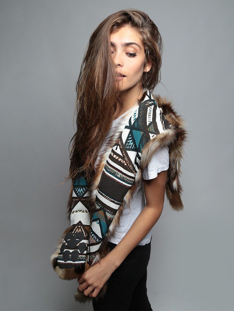 Woman wearing Faux Fur Brown Rabbit Collector SpiritHood, side view