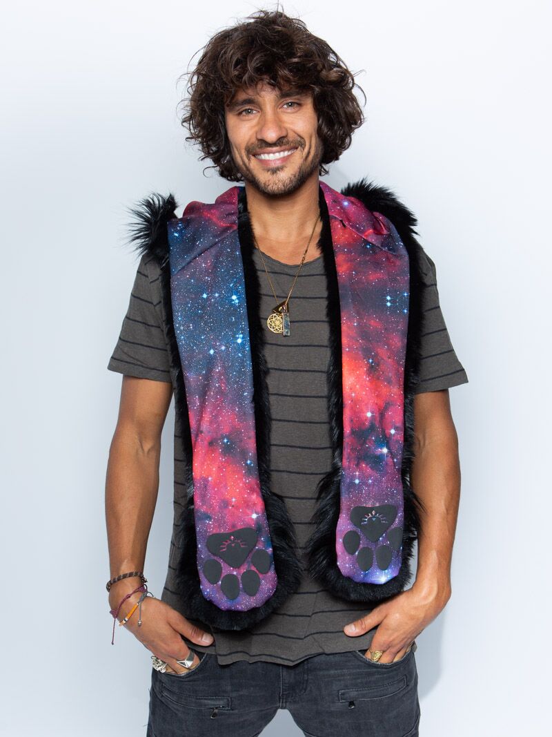 Man wearing faux fur Limited Edition Lion Galaxy SpiritHood, front view 2