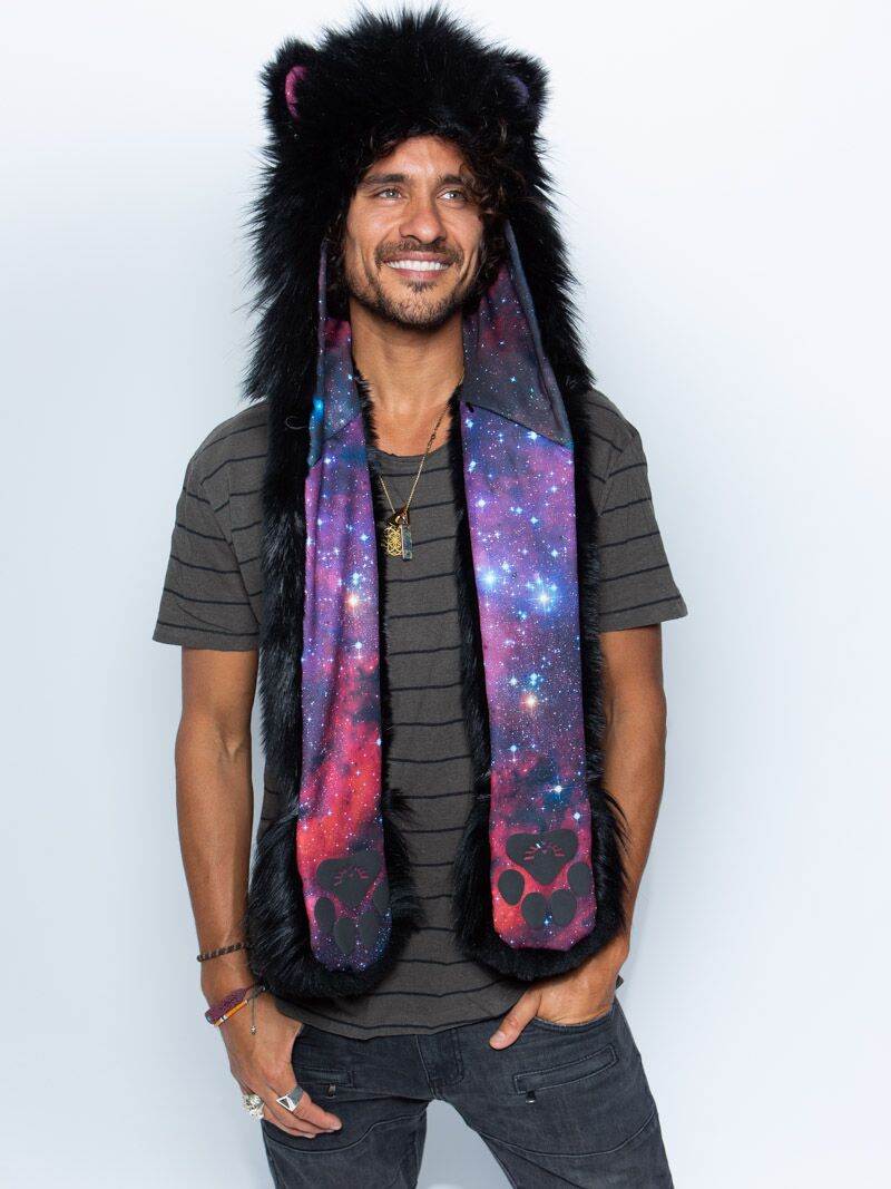 Man wearing faux fur Limited Edition Lion Galaxy SpiritHood, front view 1