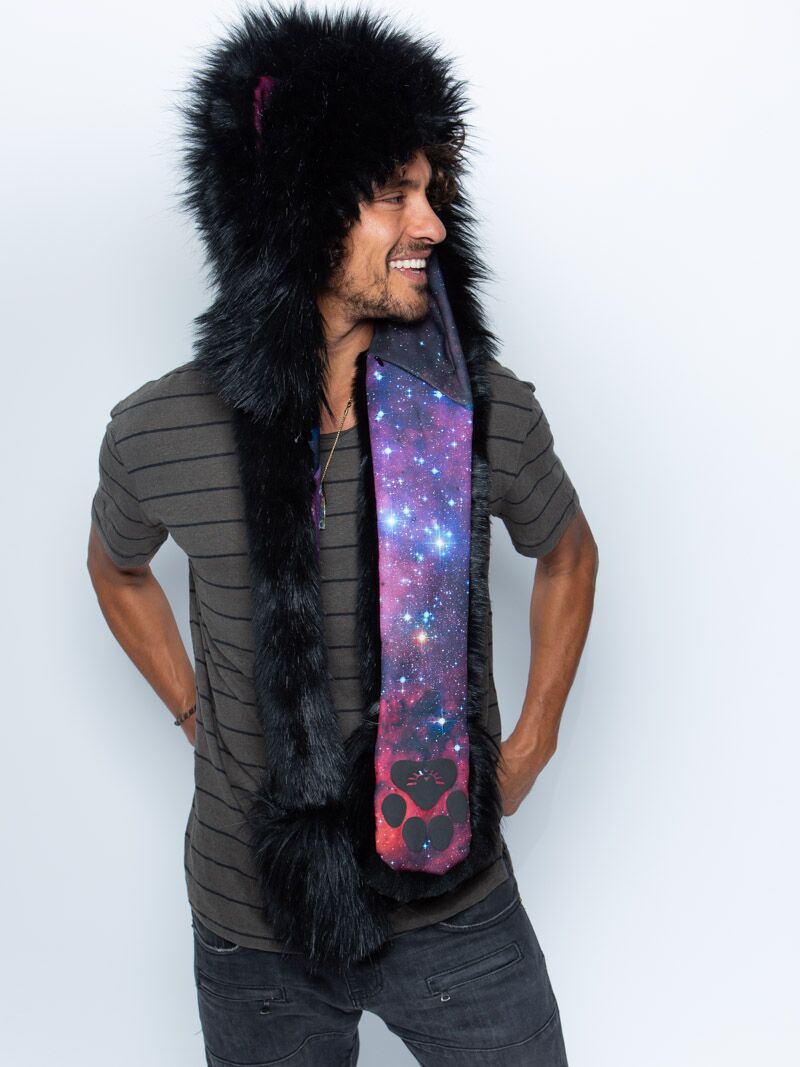 Man wearing faux fur Limited Edition Lion Galaxy SpiritHood, side view 1