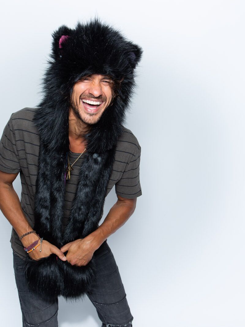 Man wearing faux fur Limited Edition Lion Galaxy SpiritHood, front view 3