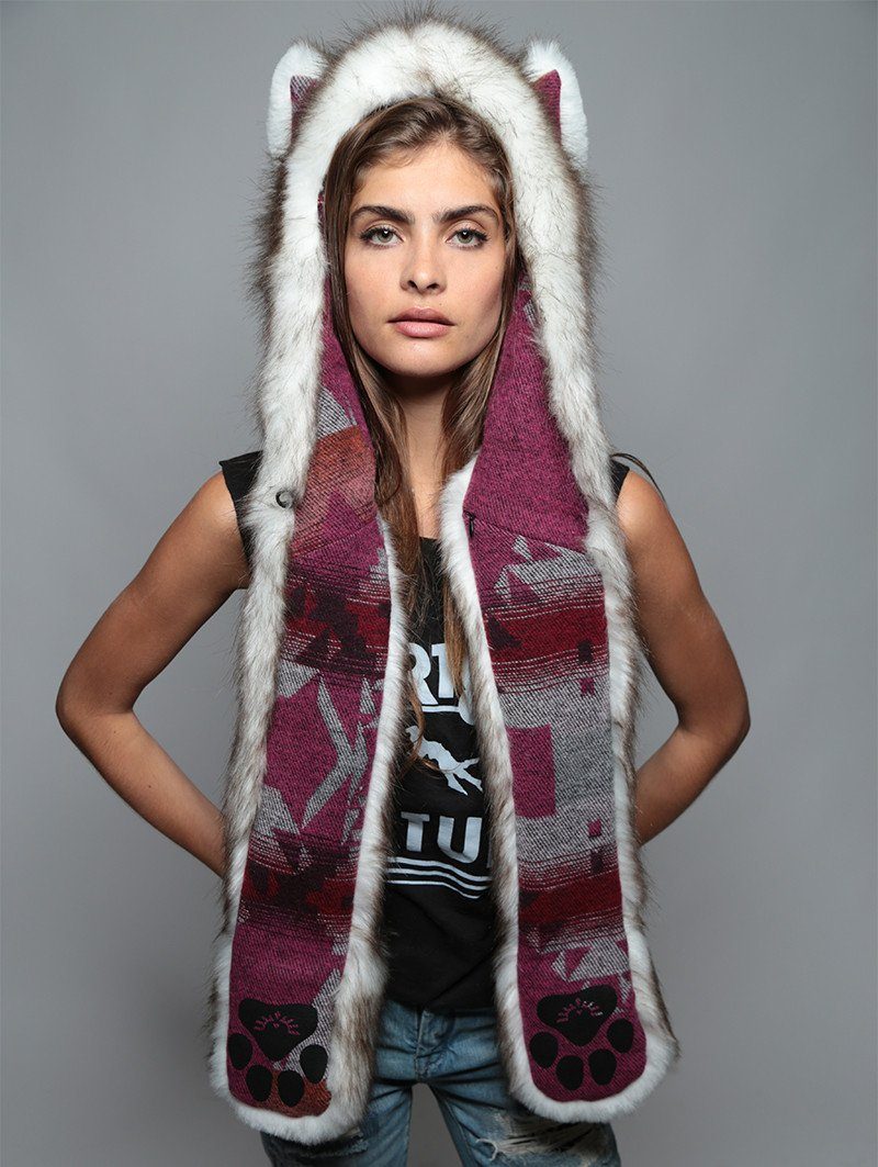 Woman wearing Brown Husky Faux Fur SpiritHood, front view