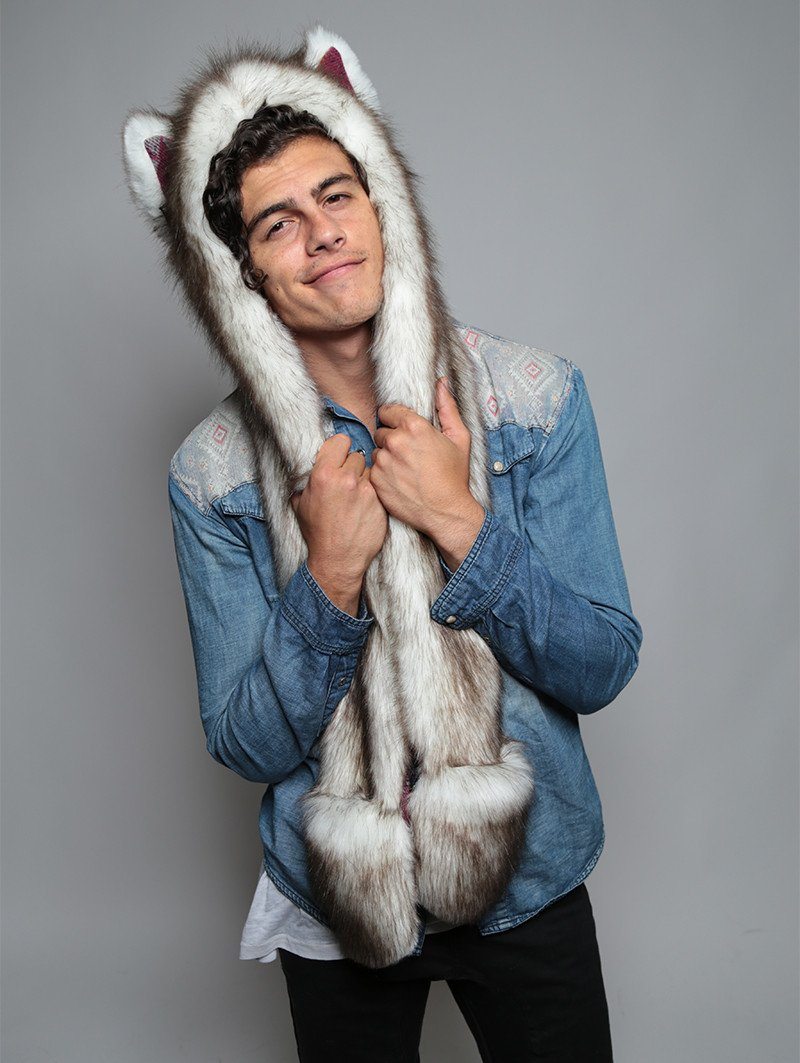 Man wearing faux fur Brown Husky SpiritHood, front view 3