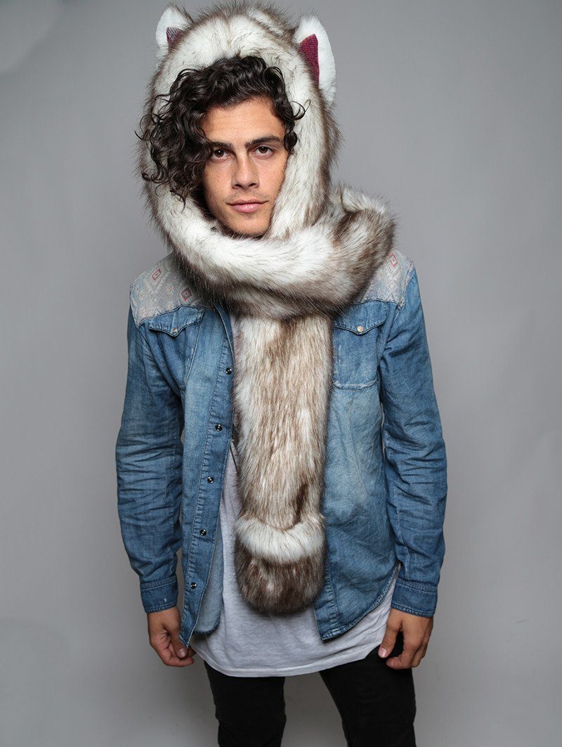 Man wearing faux fur Brown Husky SpiritHood, front view 4