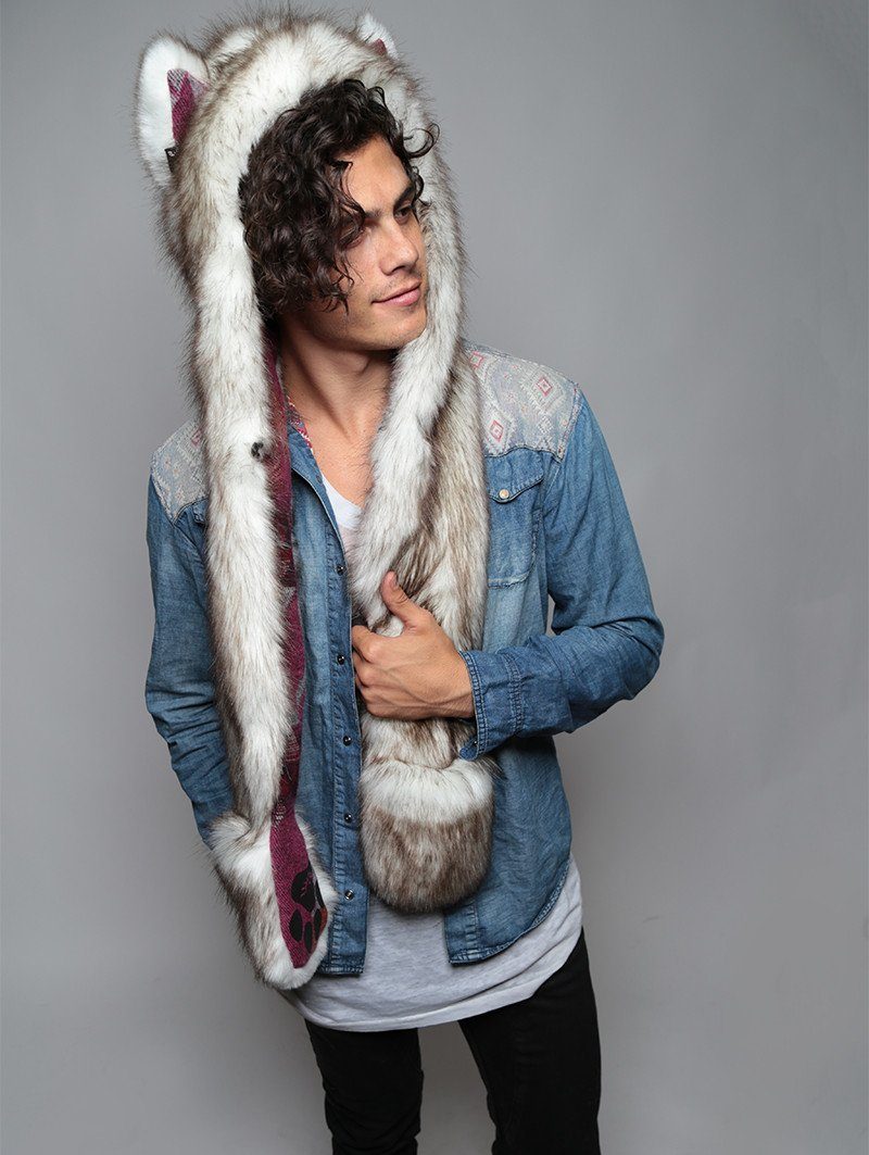 Man wearing faux fur Brown Husky SpiritHood, side view 2