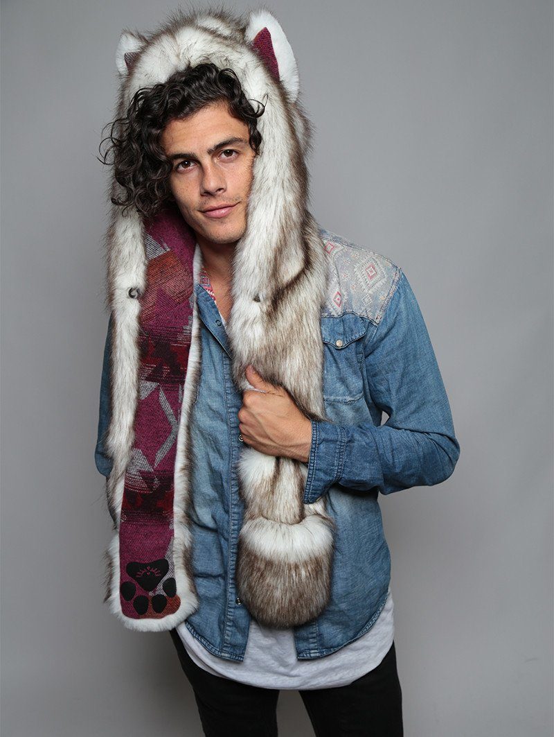 Man wearing faux fur Brown Husky SpiritHood, front view 1