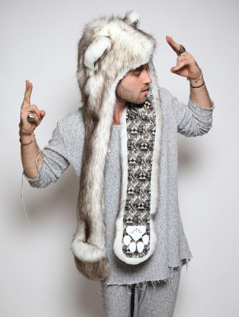 Man wearing faux fur Brown Husky 2.0 SpiritHood, side view 1