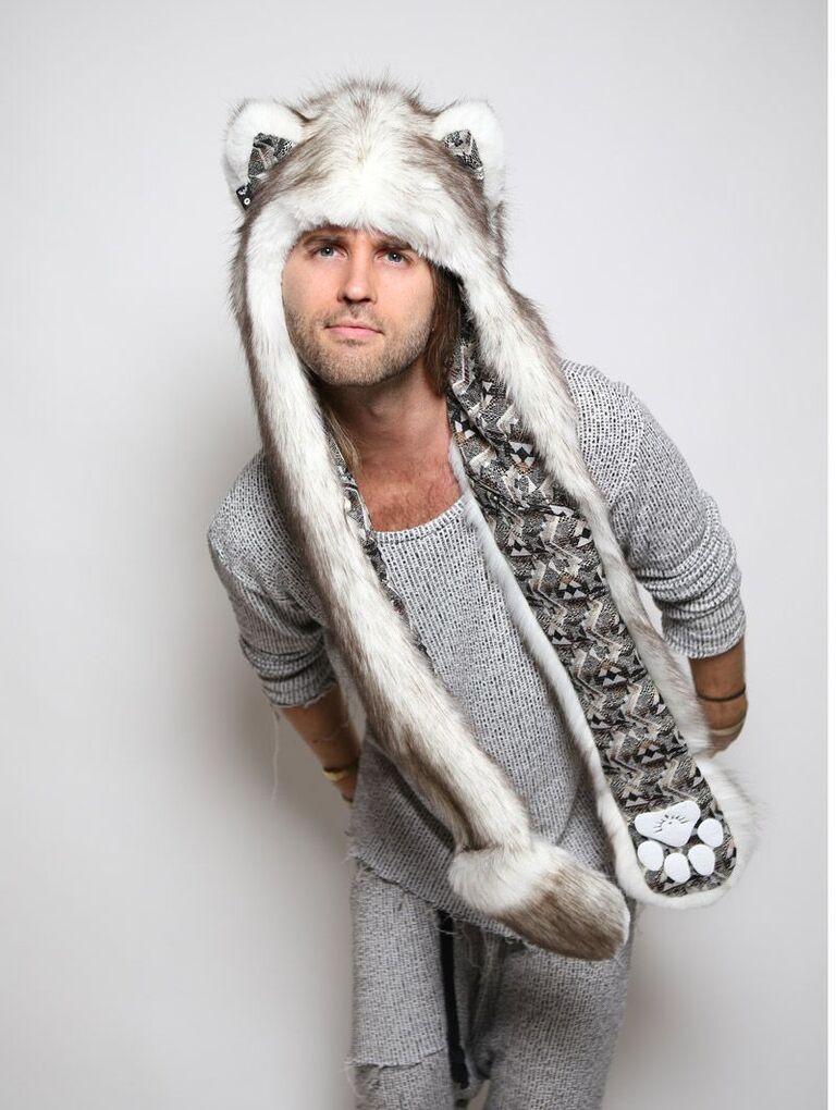 Man wearing faux fur Brown Husky 2.0 SpiritHood, front view 1