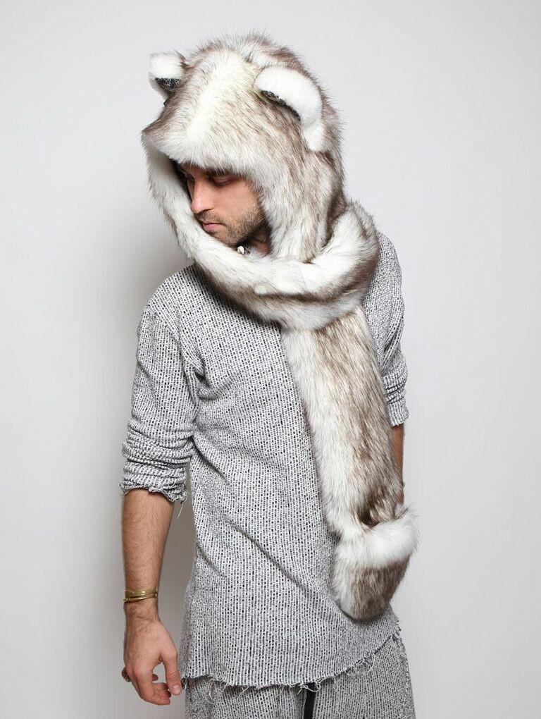 Man wearing faux fur Brown Husky 2.0 SpiritHood, side view 2