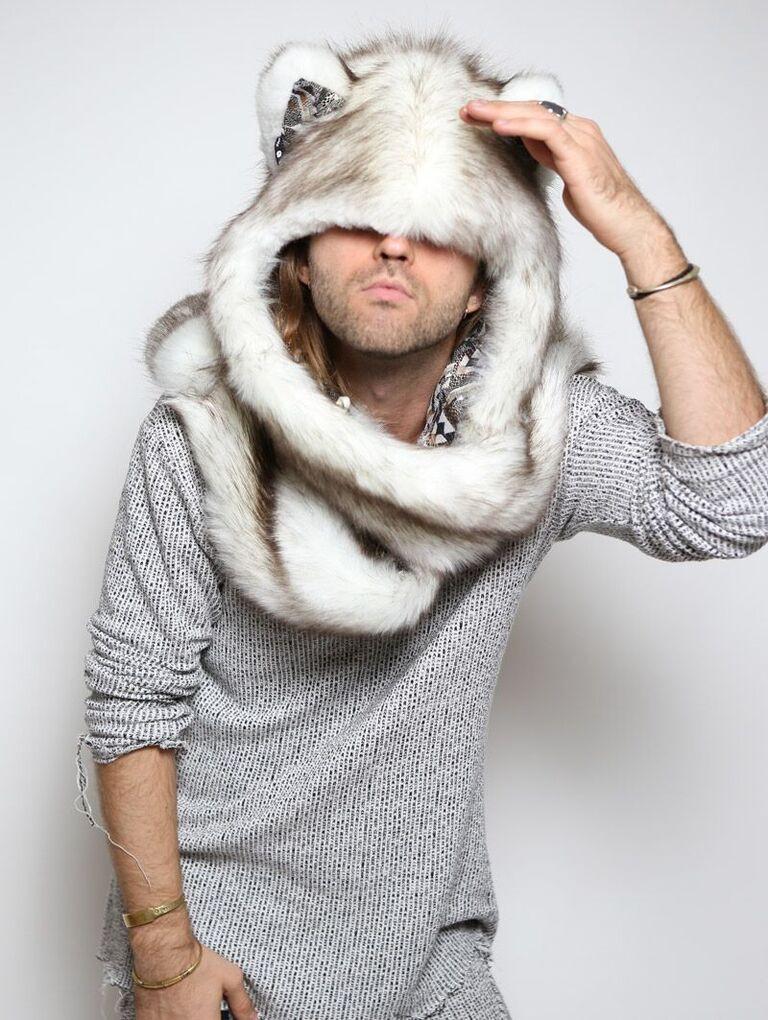 Man wearing faux fur Brown Husky 2.0 SpiritHood, front view 3