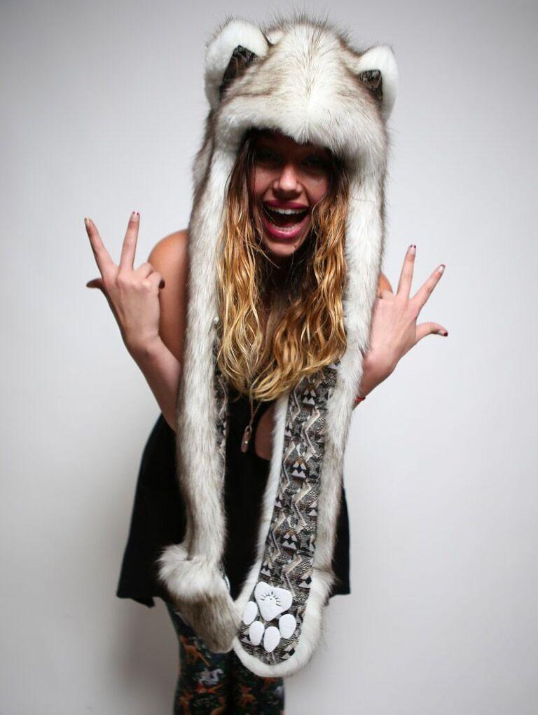 Woman wearing faux fur Brown Husky 2.0 SpiritHood, front view