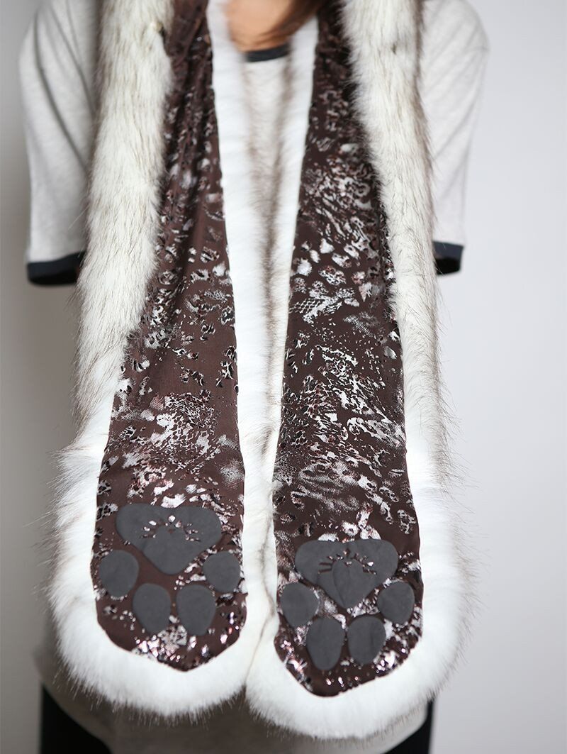 Woman wearing faux fur Brown Husky Snakeskin SpiritHood, front view 4