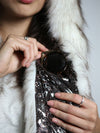 Woman wearing faux fur Brown Husky Snakeskin SpiritHood, front view 3