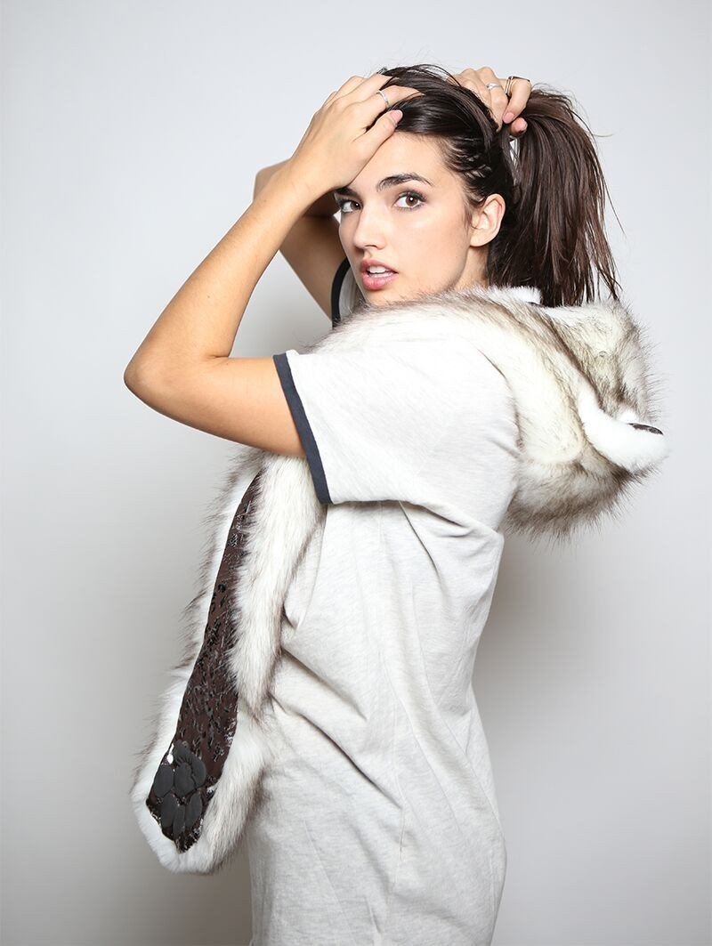 Woman wearing faux fur Brown Husky Snakeskin SpiritHood, side view 1