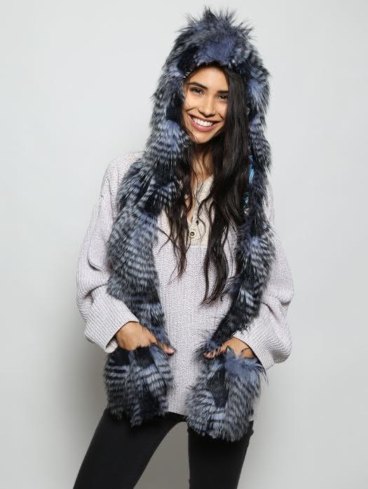 Woman wearing Faux Fur Blue Jay Collectors Edition SpiritHood