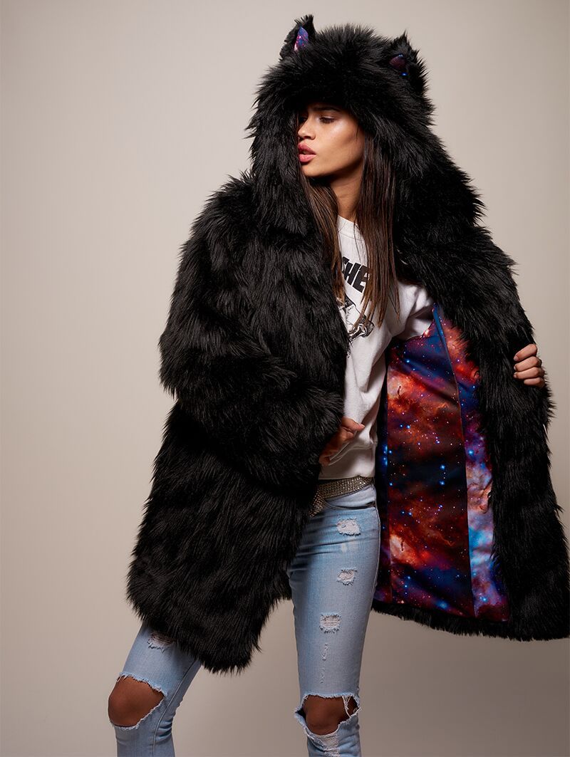Black Wolf Galaxy Faux Fur Coat - Unleash Stellar Elegance - SpiritHoods