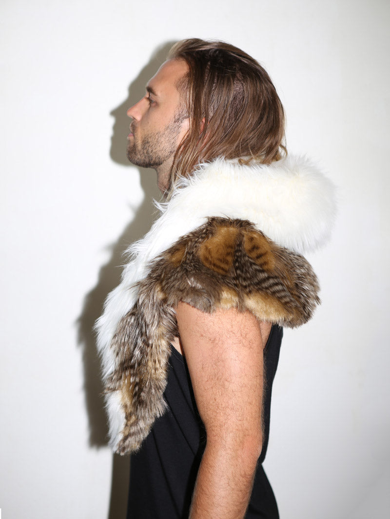 Man wearing faux fur Bald Eagle Shawl SpiritHood, side view 2