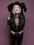 Woman wearing Faux Fur Black Bunny SpiritHood, front view 2