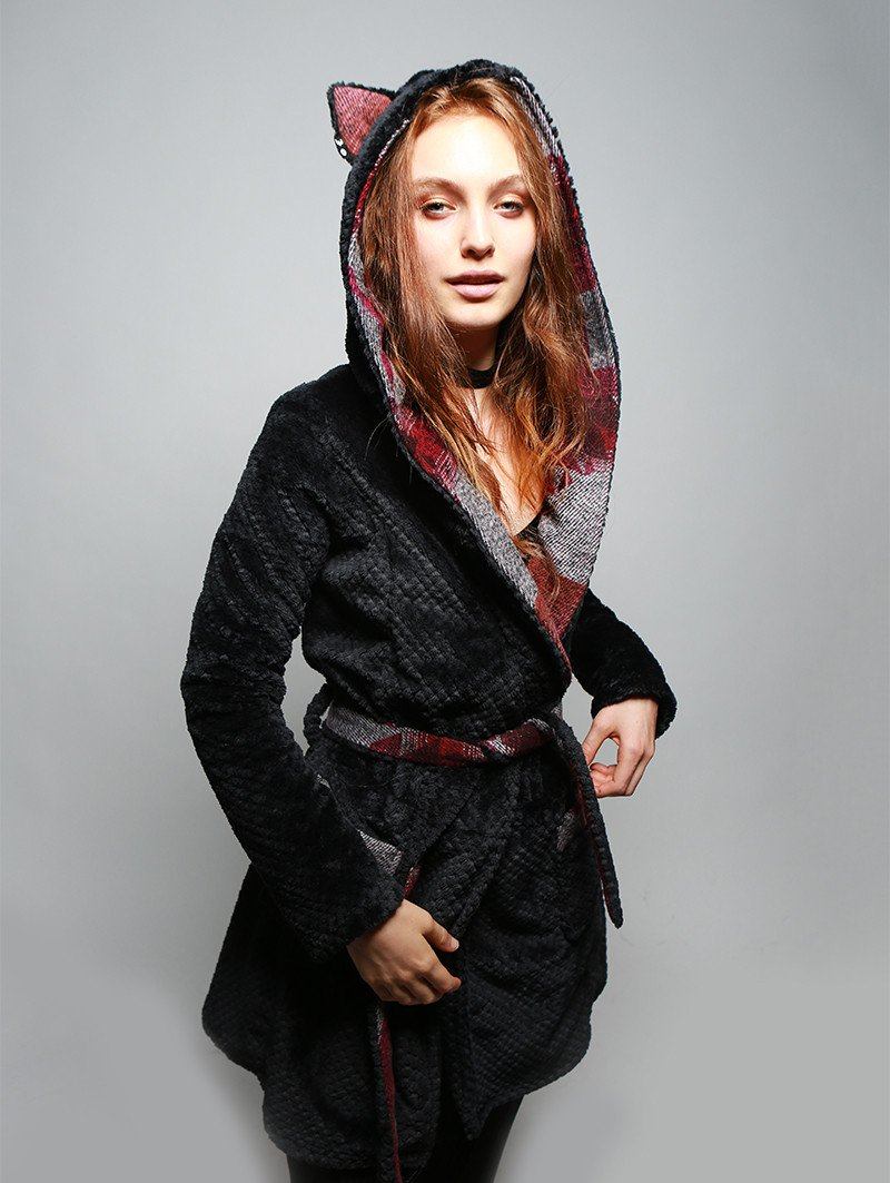 Woman wearing Fauxeva Cozy Feline Robe