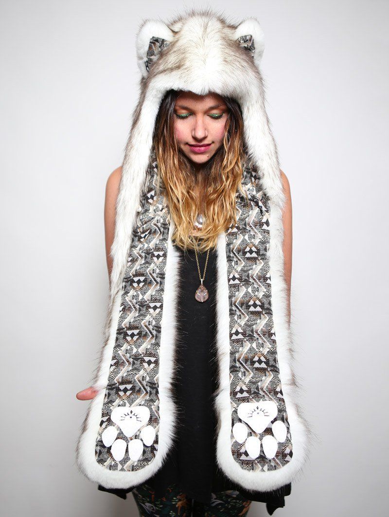 Woman wearing faux fur Brown Husky 2.0 SpiritHood, front view 3